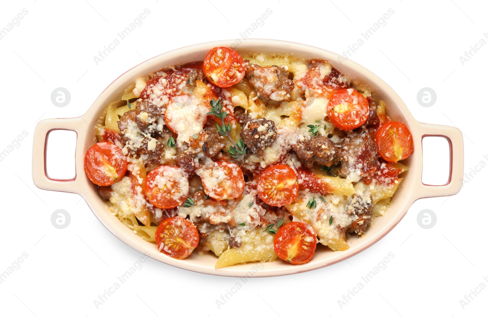 Photo of Delicious pasta casserole with cheese, tomatoes, minced meat and thyme in baking dish isolated on white, top view