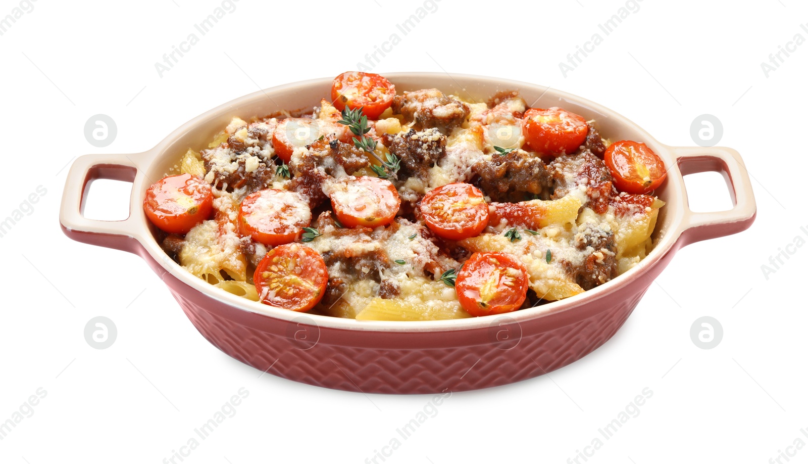 Photo of Delicious pasta casserole with cheese, tomatoes, minced meat and thyme in baking dish isolated on white