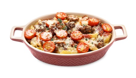 Photo of Delicious pasta casserole with cheese, tomatoes, minced meat and thyme in baking dish isolated on white