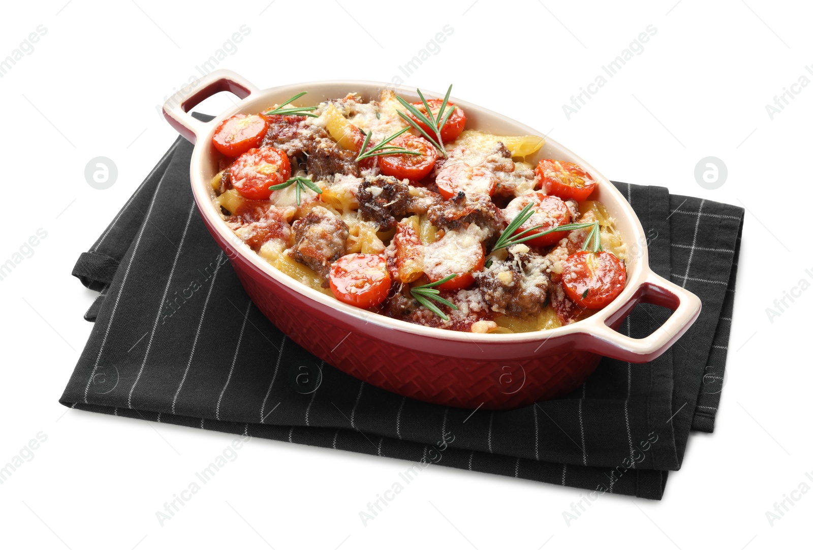 Photo of Delicious pasta casserole with cheese, tomatoes, minced meat and rosemary in baking dish isolated on white