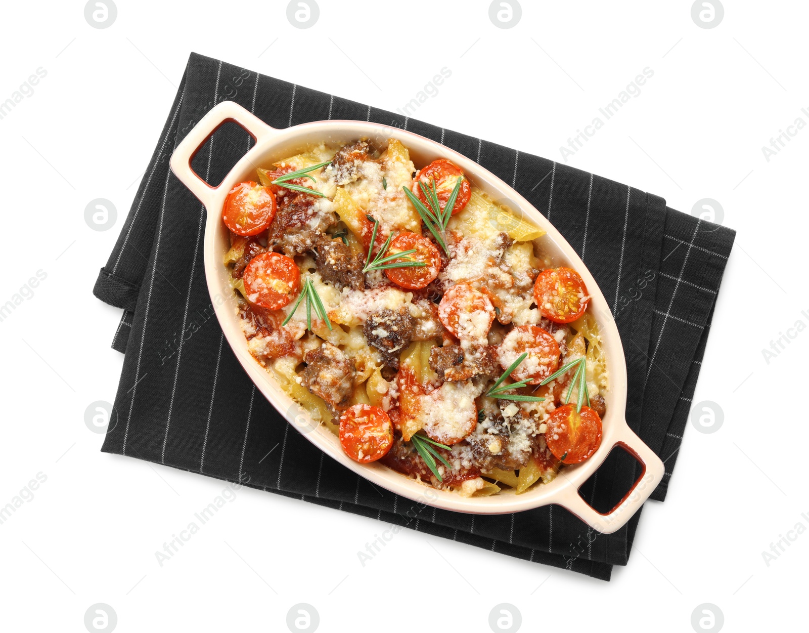 Photo of Delicious pasta casserole with cheese, tomatoes, minced meat and rosemary in baking dish isolated on white, top view