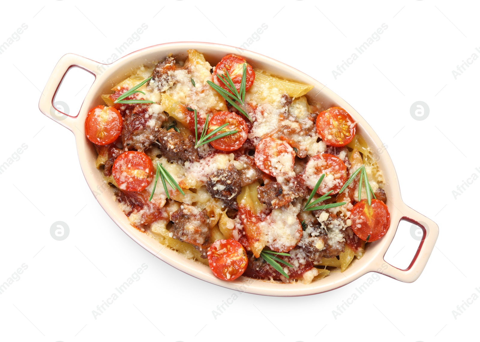 Photo of Delicious pasta casserole with cheese, tomatoes, minced meat and rosemary in baking dish isolated on white, top view