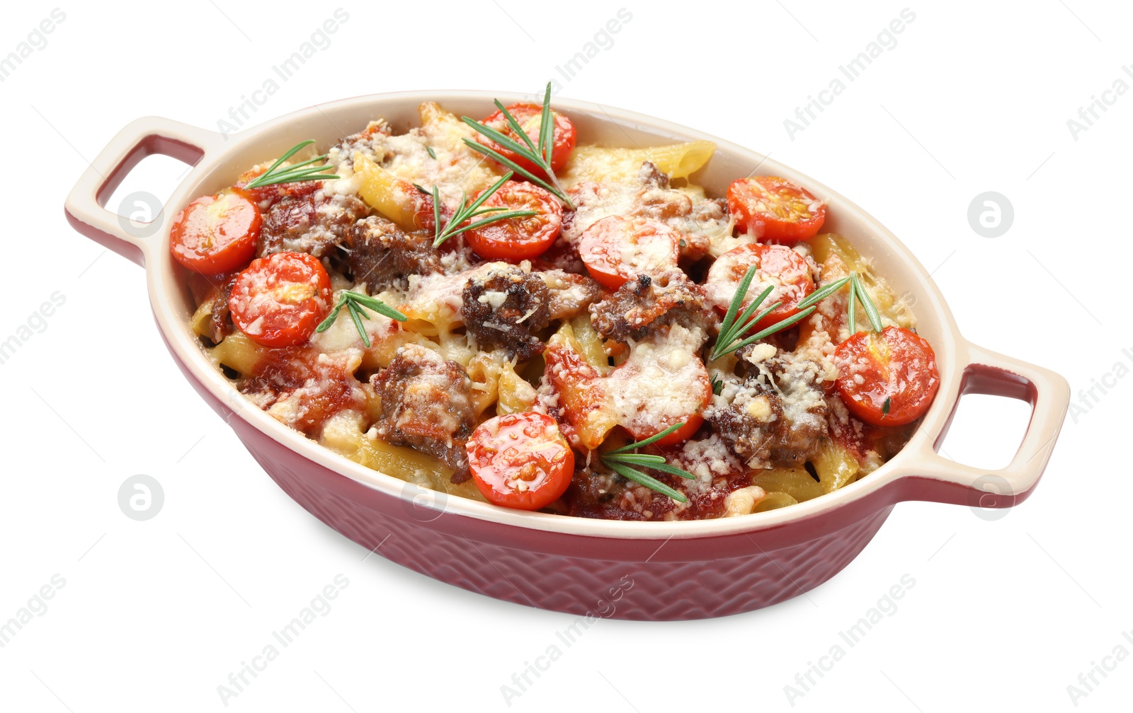 Photo of Delicious pasta casserole with cheese, tomatoes, minced meat and rosemary in baking dish isolated on white