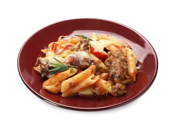 Photo of Delicious pasta casserole with cheese, tomatoes, minced meat and rosemary isolated on white