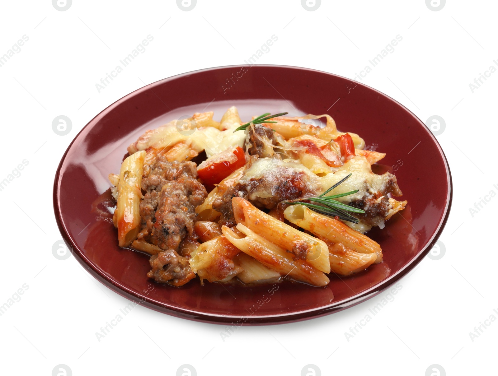 Photo of Delicious pasta casserole with cheese, tomatoes, minced meat and rosemary isolated on white