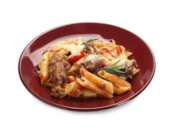 Photo of Delicious pasta casserole with cheese, tomatoes, minced meat and rosemary isolated on white