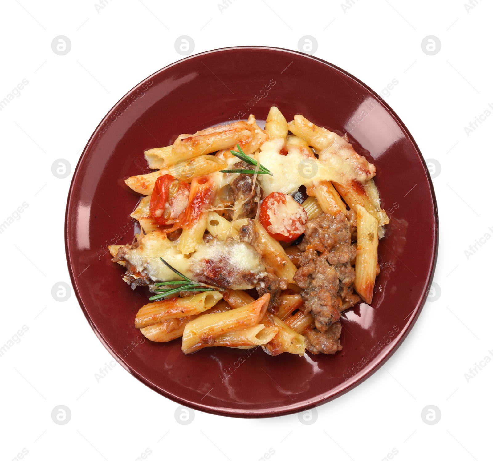 Photo of Delicious pasta casserole with cheese, tomatoes, minced meat and rosemary isolated on white, top view