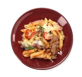 Photo of Delicious pasta casserole with cheese, tomatoes, minced meat and rosemary isolated on white, top view