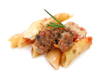 Photo of Delicious pasta casserole with cheese, minced meat and rosemary isolated on white