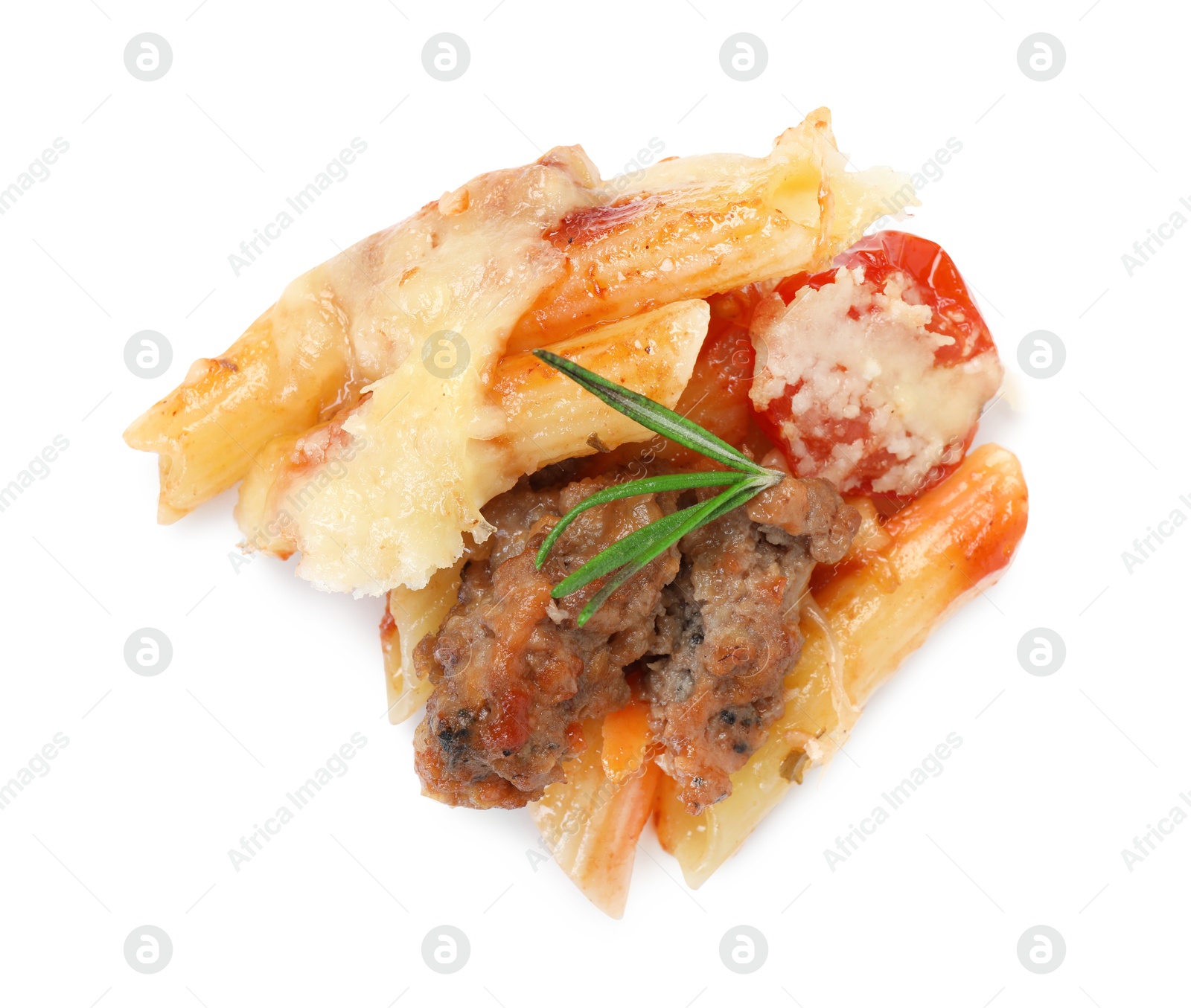 Photo of Delicious pasta casserole with cheese, tomatoes, minced meat and rosemary isolated on white, top view