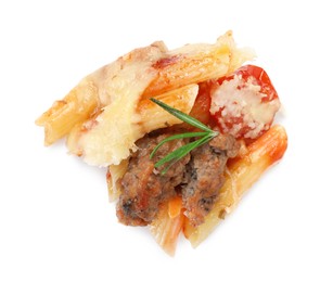 Photo of Delicious pasta casserole with cheese, tomatoes, minced meat and rosemary isolated on white, top view