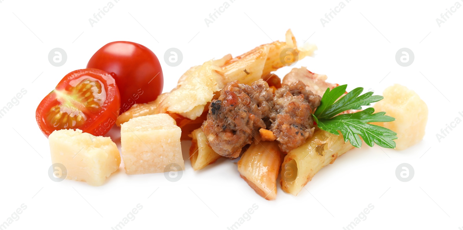 Photo of Delicious pasta casserole with cheese, tomatoes, minced meat and parsley isolated on white