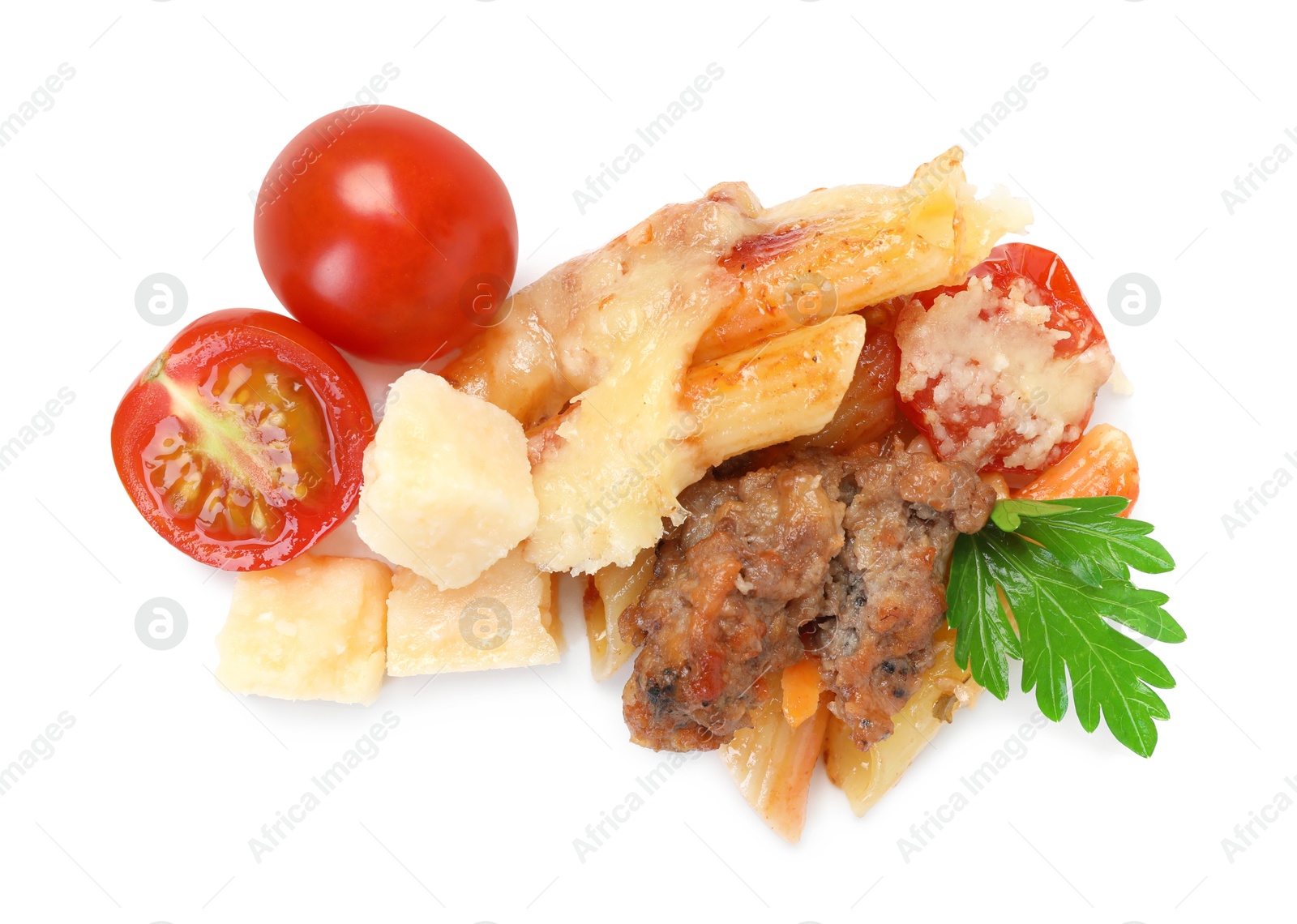 Photo of Delicious pasta casserole with cheese, tomatoes, minced meat and parsley isolated on white, top view