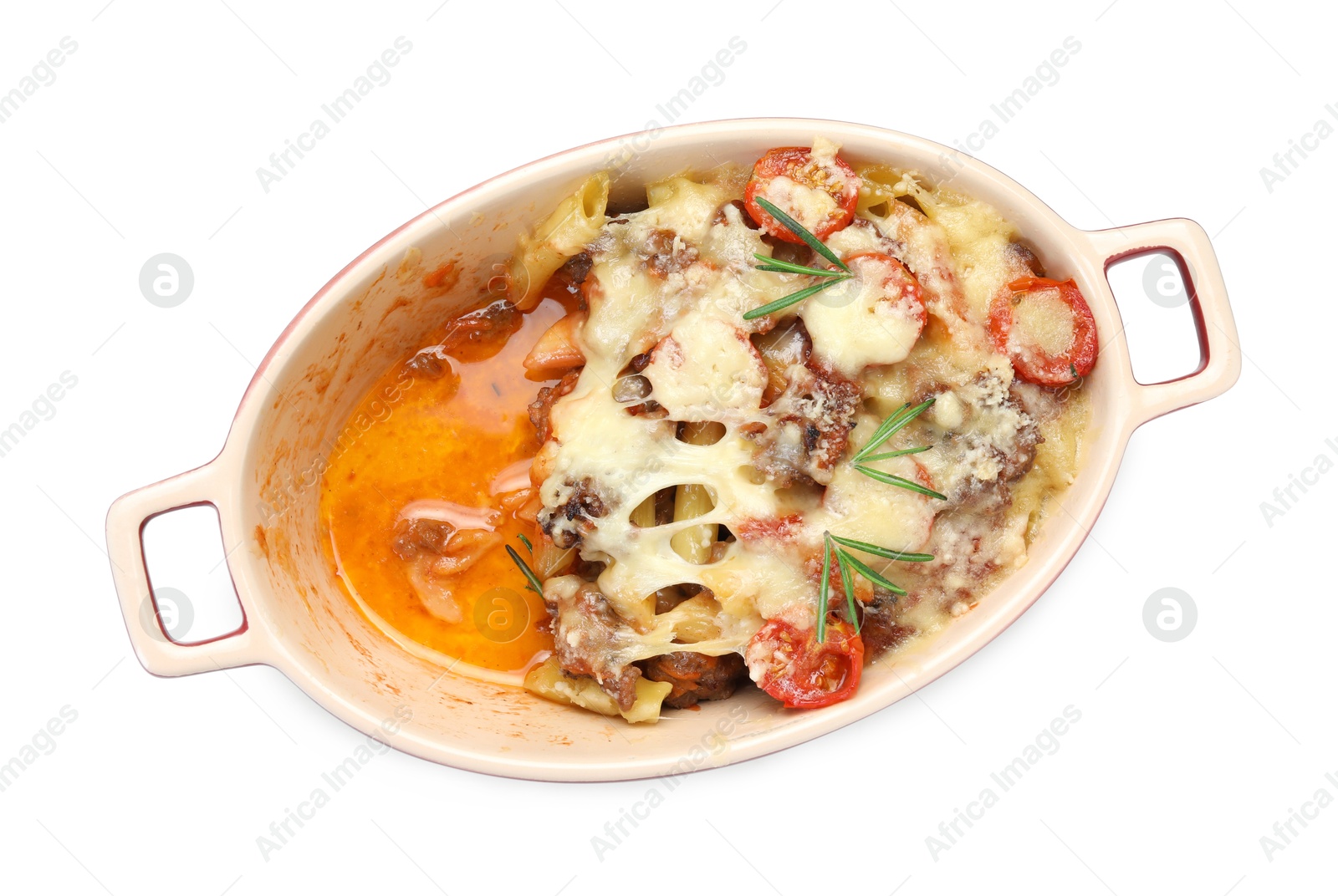 Photo of Delicious pasta casserole with cheese, tomatoes, minced meat and rosemary in baking dish isolated on white, top view