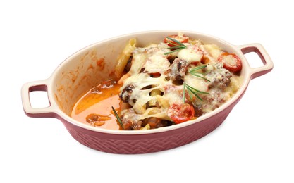 Photo of Delicious pasta casserole with cheese, tomatoes, minced meat and rosemary in baking dish isolated on white