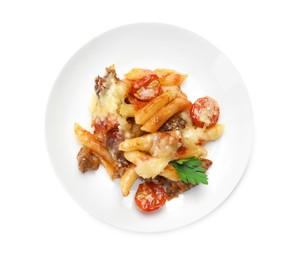 Photo of Delicious pasta casserole with cheese, tomatoes and minced meat isolated on white, top view