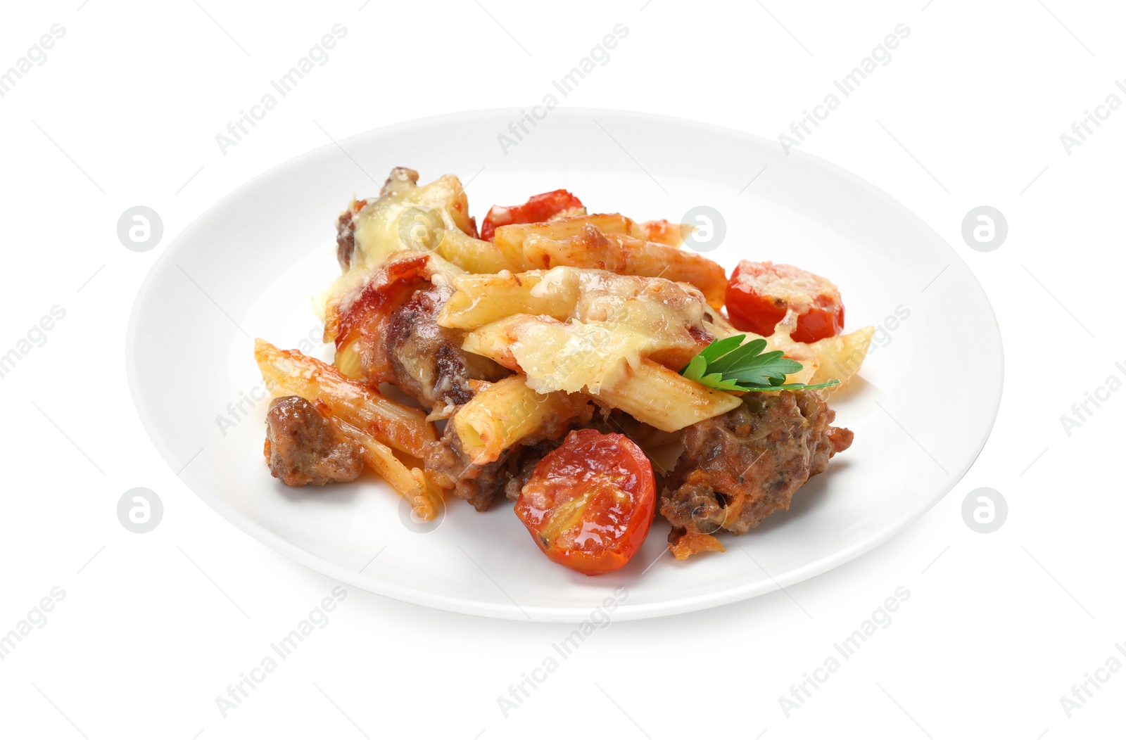 Photo of Delicious pasta casserole with cheese, tomatoes and minced meat isolated on white