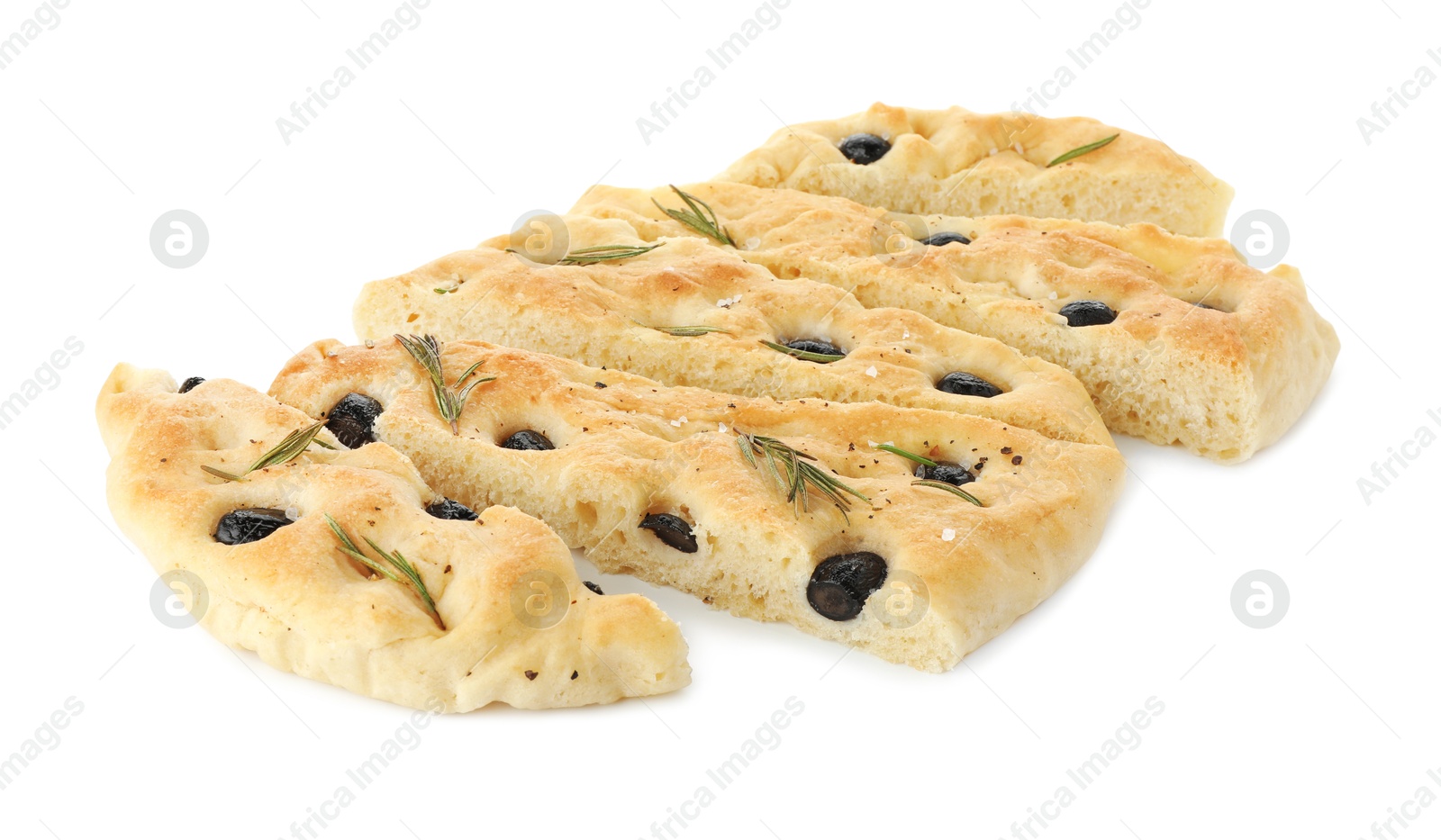 Photo of Slices of delicious focaccia bread with olives and rosemary isolated on white