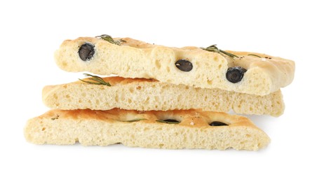 Photo of Slices of delicious focaccia bread with olives and rosemary isolated on white