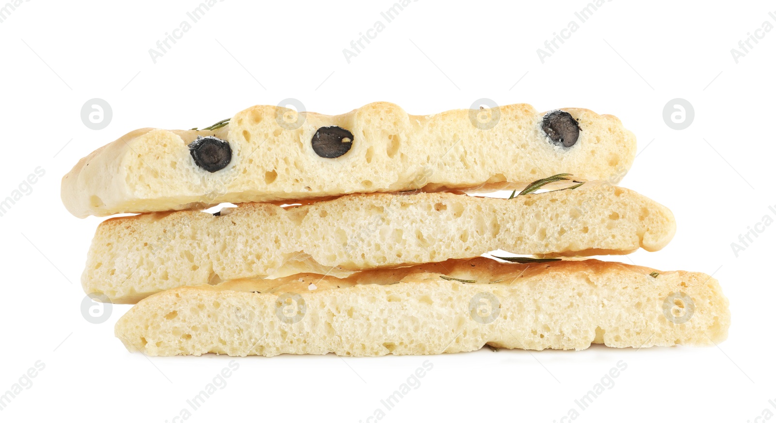 Photo of Slices of delicious focaccia bread with olives and rosemary isolated on white