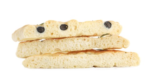 Photo of Slices of delicious focaccia bread with olives and rosemary isolated on white