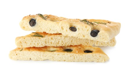 Photo of Slices of delicious focaccia bread with olives and rosemary isolated on white