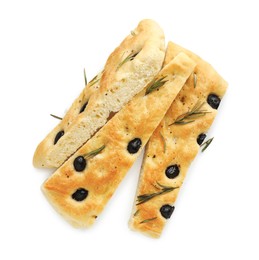 Photo of Slices of delicious focaccia bread with olives and rosemary isolated on white, top view