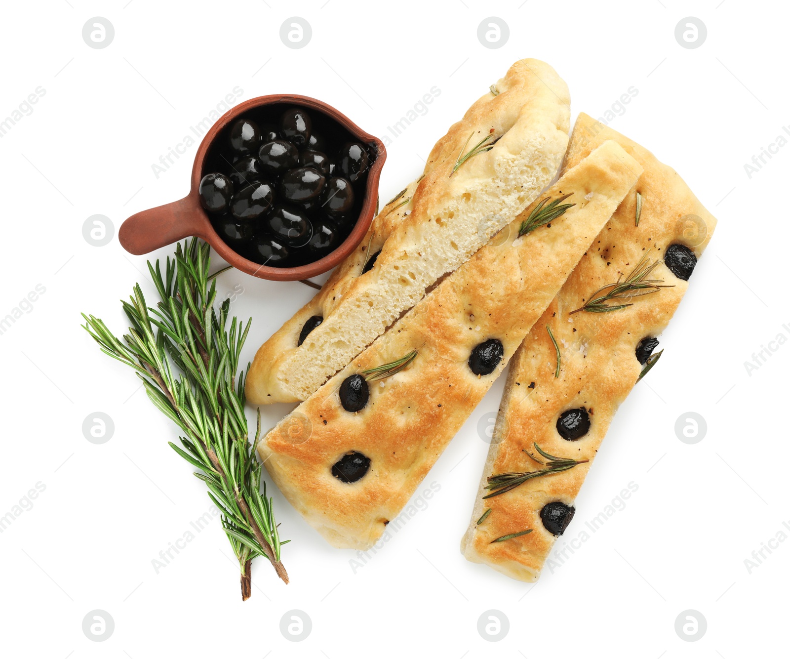 Photo of Slices of delicious focaccia bread with olives and rosemary isolated on white, top view