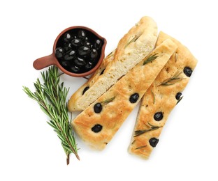 Photo of Slices of delicious focaccia bread with olives and rosemary isolated on white, top view