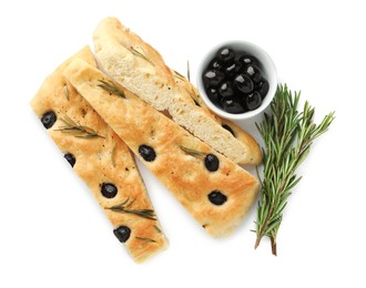 Photo of Slices of delicious focaccia bread with olives and rosemary isolated on white, top view