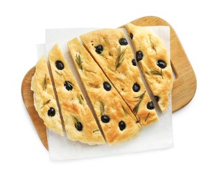 Photo of Slices of delicious focaccia bread with olives and rosemary isolated on white, top view