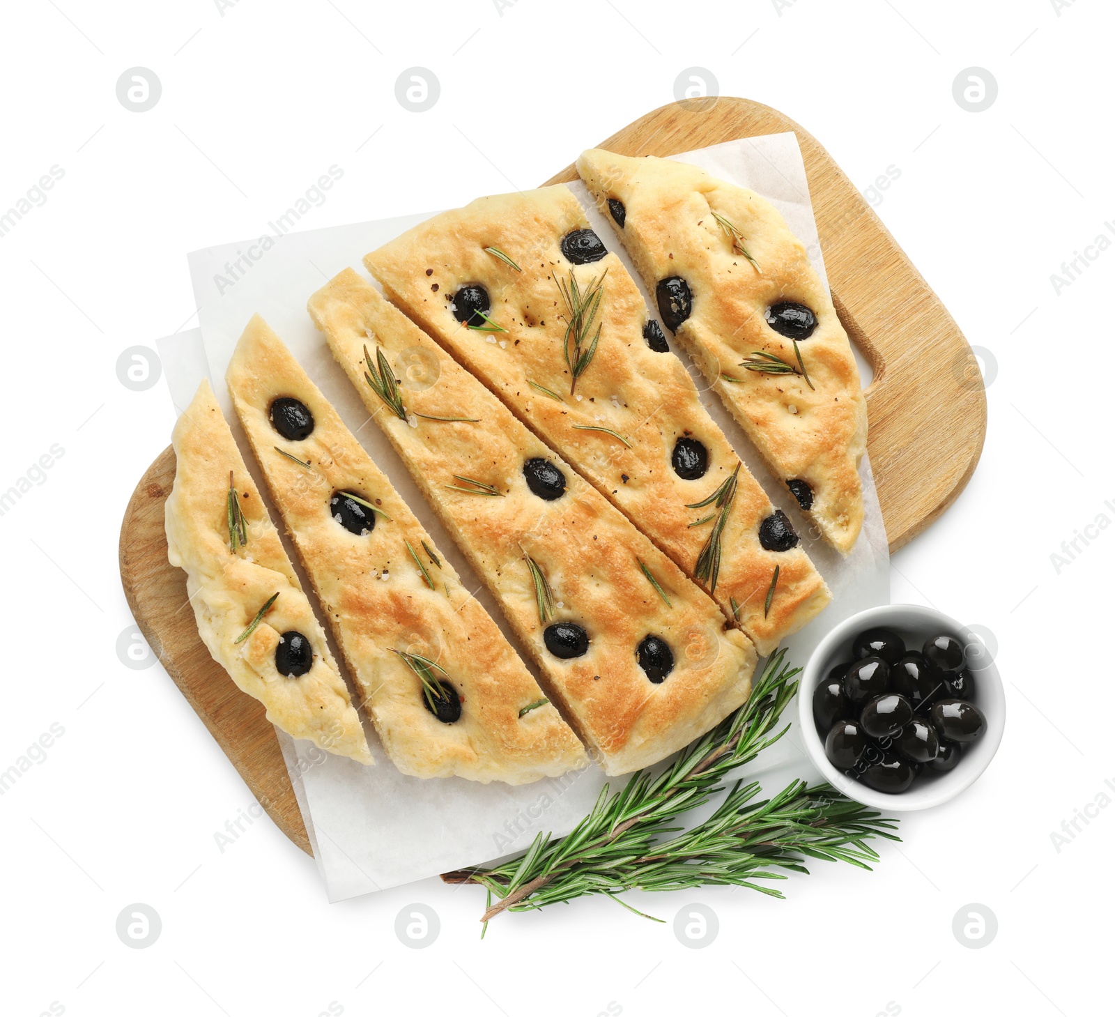 Photo of Slices of delicious focaccia bread with olives and rosemary isolated on white, top view