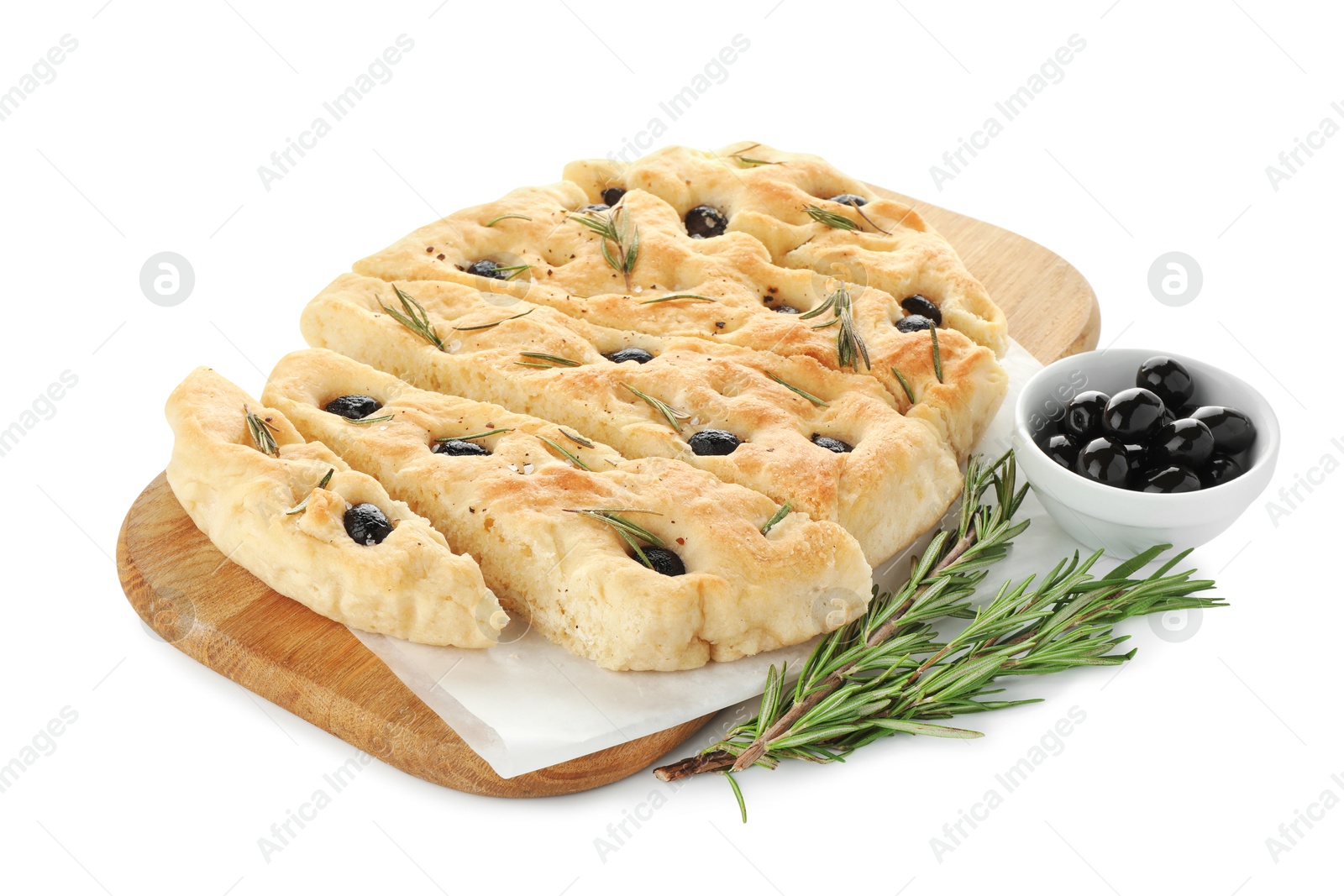 Photo of Slices of delicious focaccia bread with olives and rosemary isolated on white