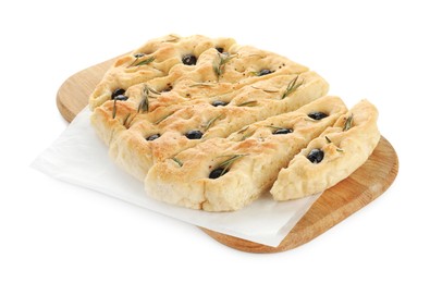 Photo of Slices of delicious focaccia bread with olives and rosemary isolated on white