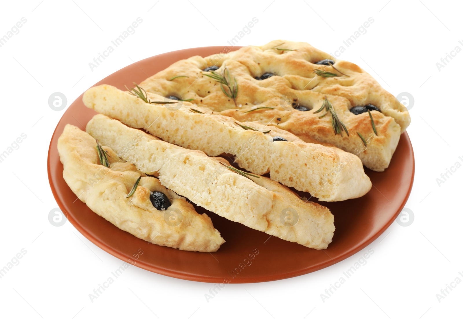 Photo of Slices of delicious focaccia bread with olives and rosemary isolated on white