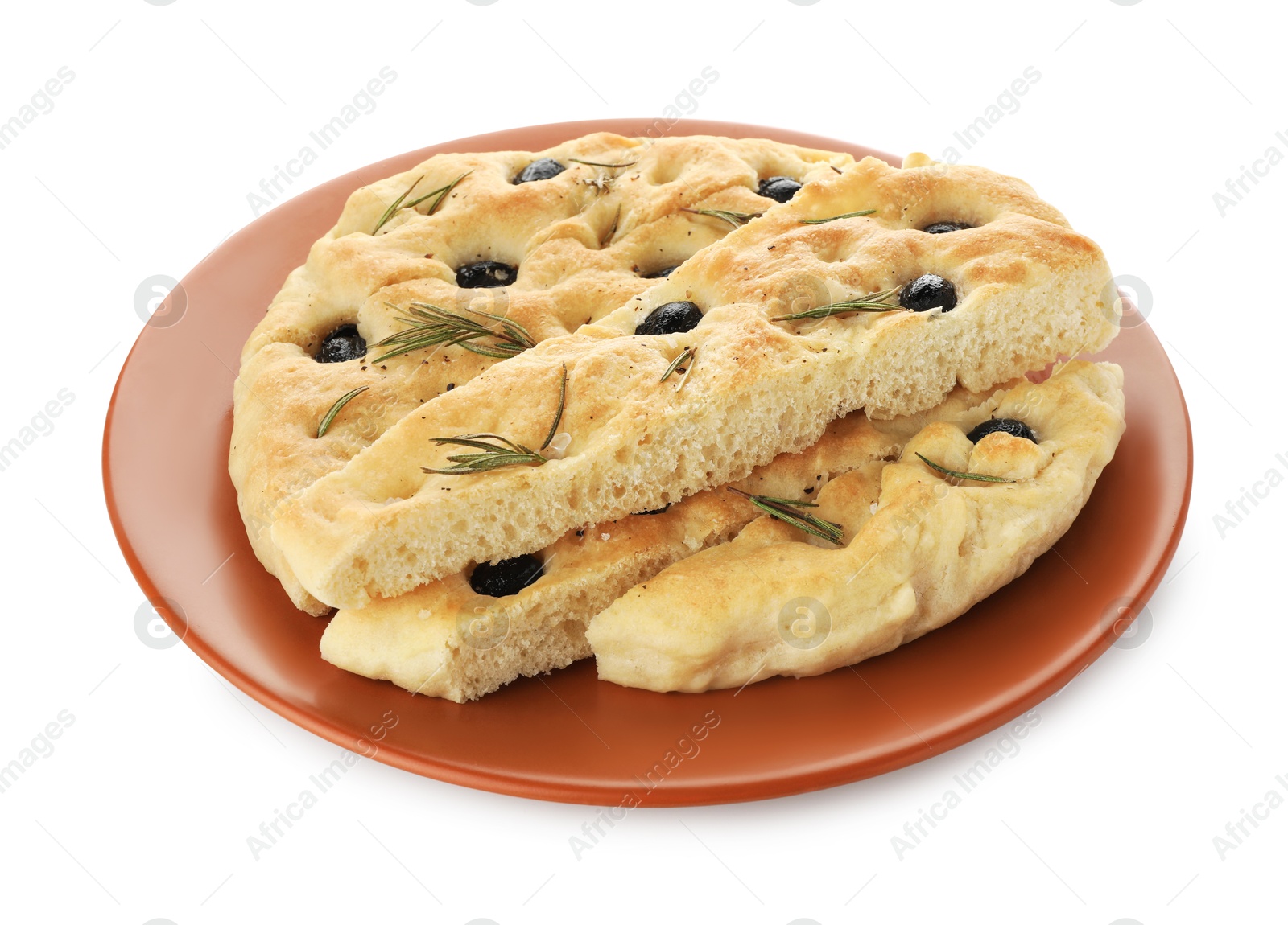 Photo of Slices of delicious focaccia bread with olives and rosemary isolated on white