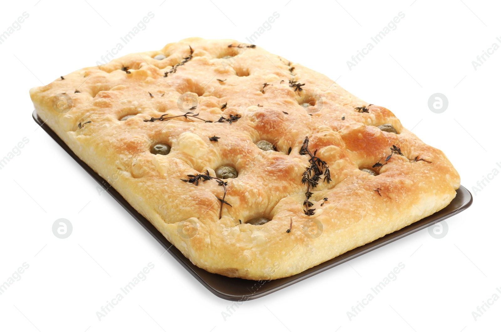 Photo of Delicious focaccia bread with olives and thyme isolated on white