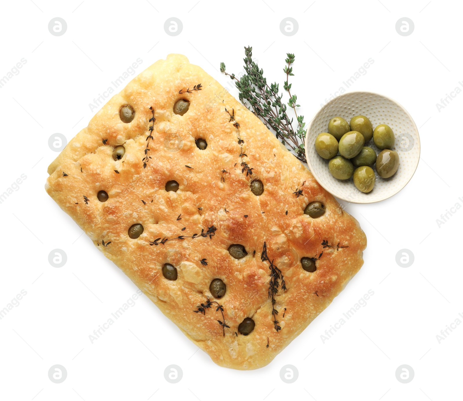 Photo of Delicious focaccia bread with olives and thyme isolated on white, top view