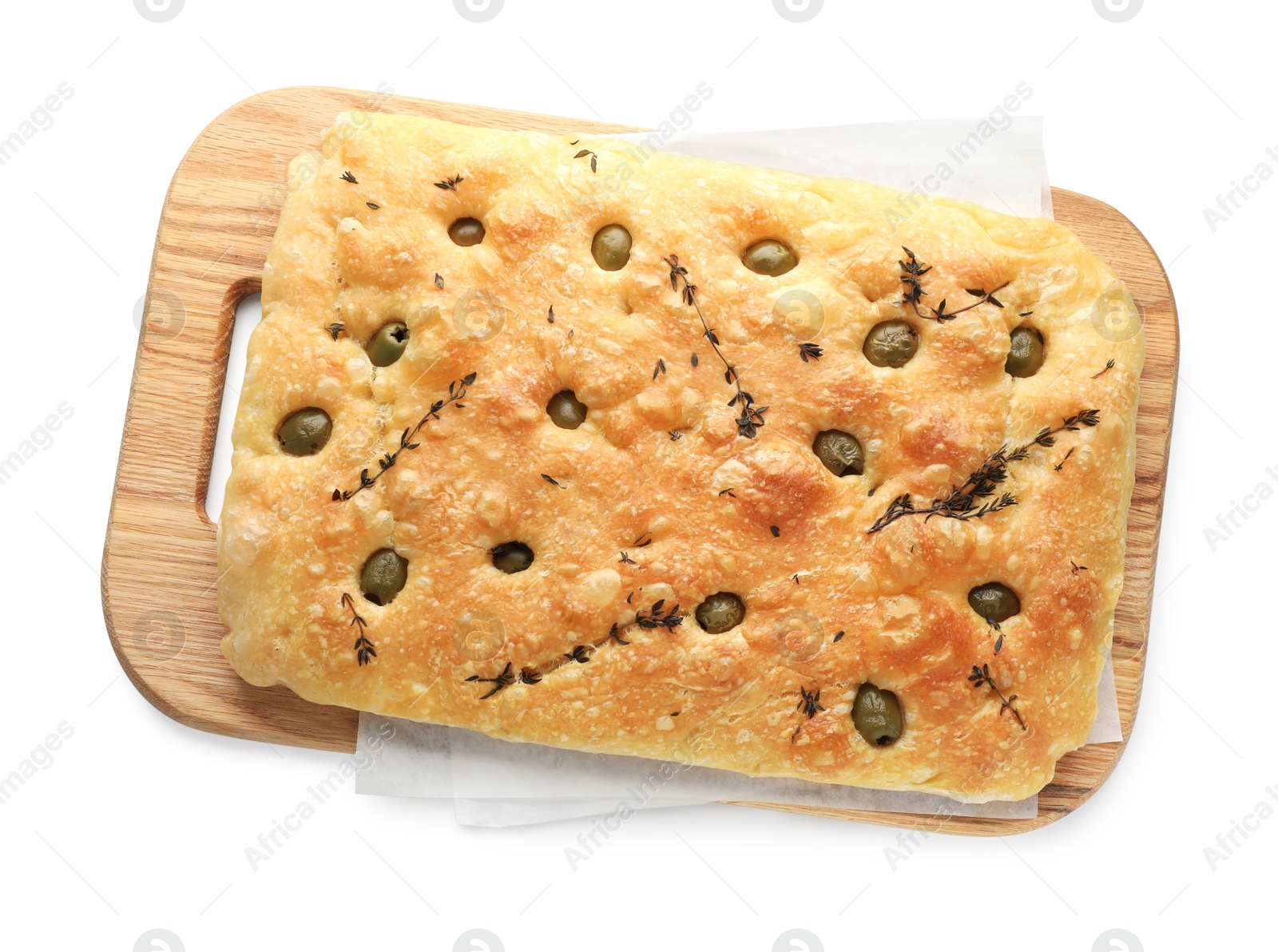 Photo of Delicious focaccia bread with olives and thyme isolated on white, top view