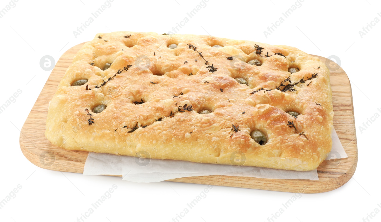 Photo of Delicious focaccia bread with olives and thyme isolated on white