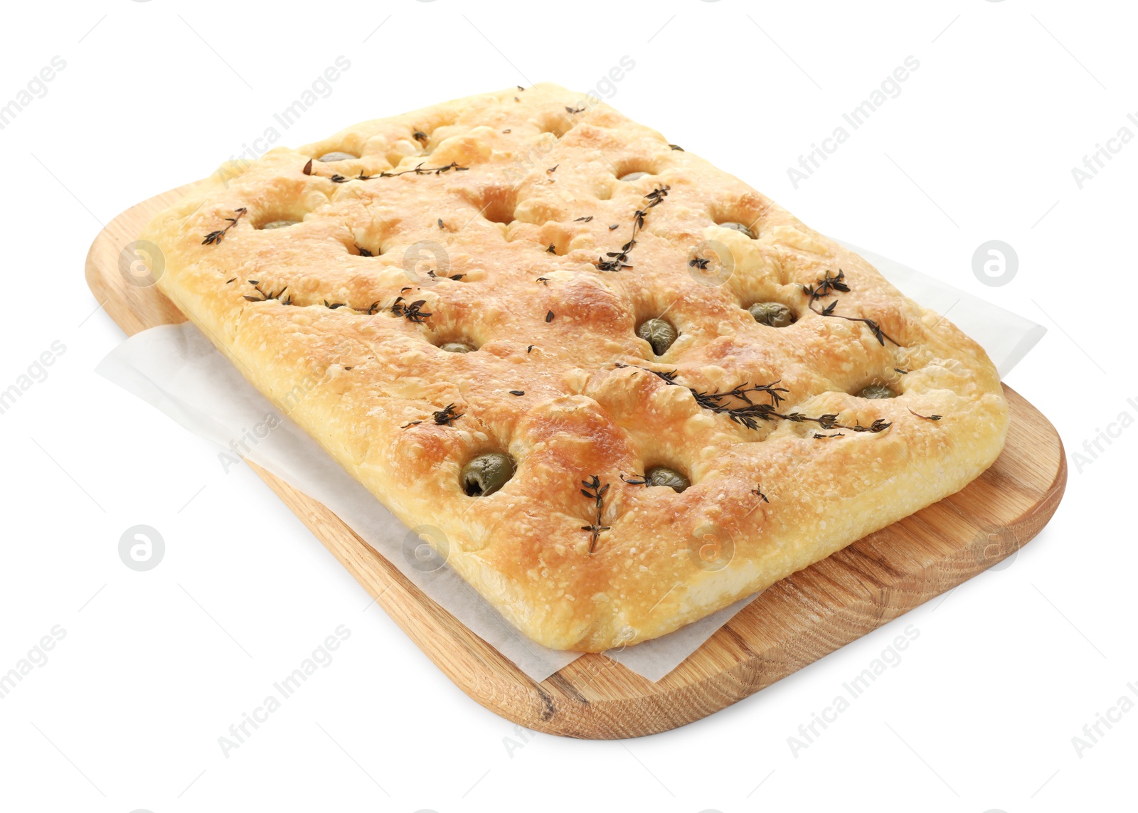 Photo of Delicious focaccia bread with olives and thyme isolated on white