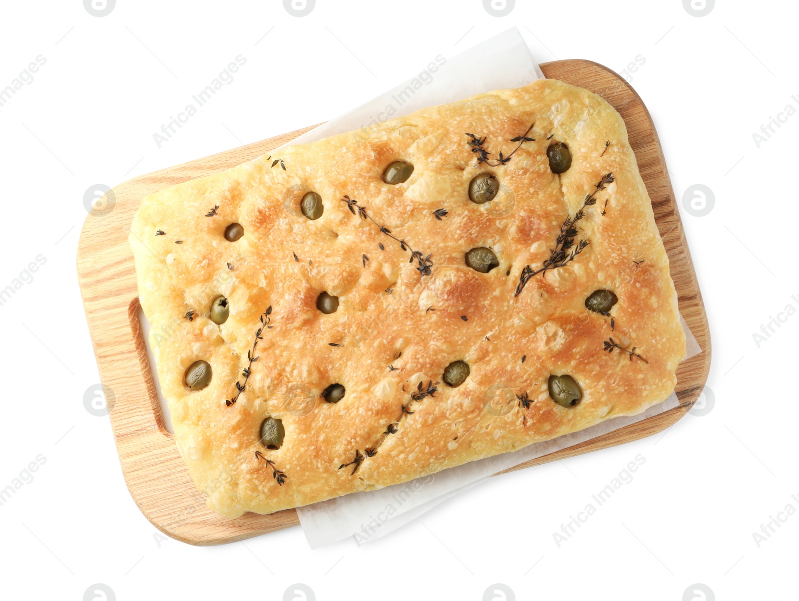 Photo of Delicious focaccia bread with olives and thyme isolated on white, top view