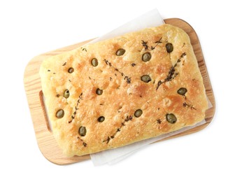 Photo of Delicious focaccia bread with olives and thyme isolated on white, top view