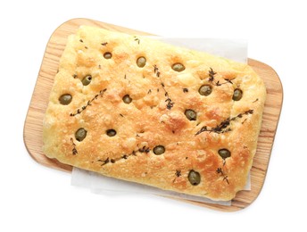 Photo of Delicious focaccia bread with olives and thyme isolated on white, top view