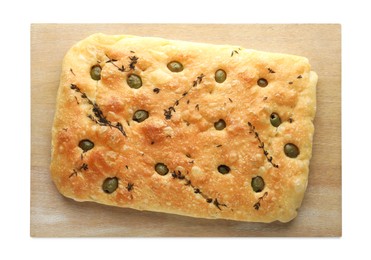 Photo of Delicious focaccia bread with olives and thyme isolated on white, top view