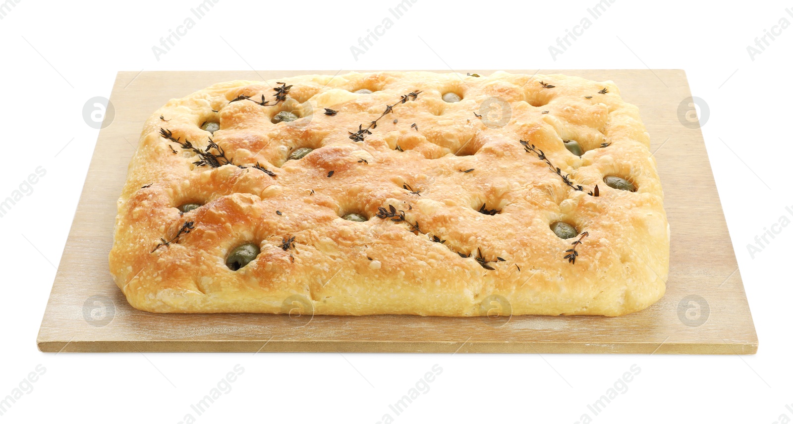 Photo of Delicious focaccia bread with olives and thyme isolated on white