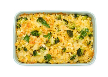 Photo of Tasty pasta casserole with cheese and broccoli in baking dish isolated on white, top view