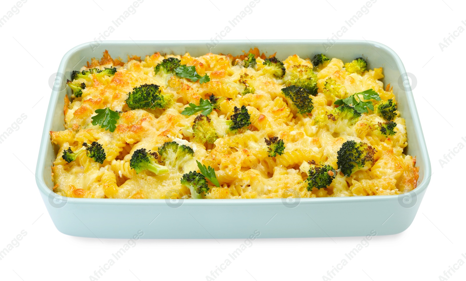 Photo of Tasty pasta casserole with cheese and broccoli in baking dish isolated on white