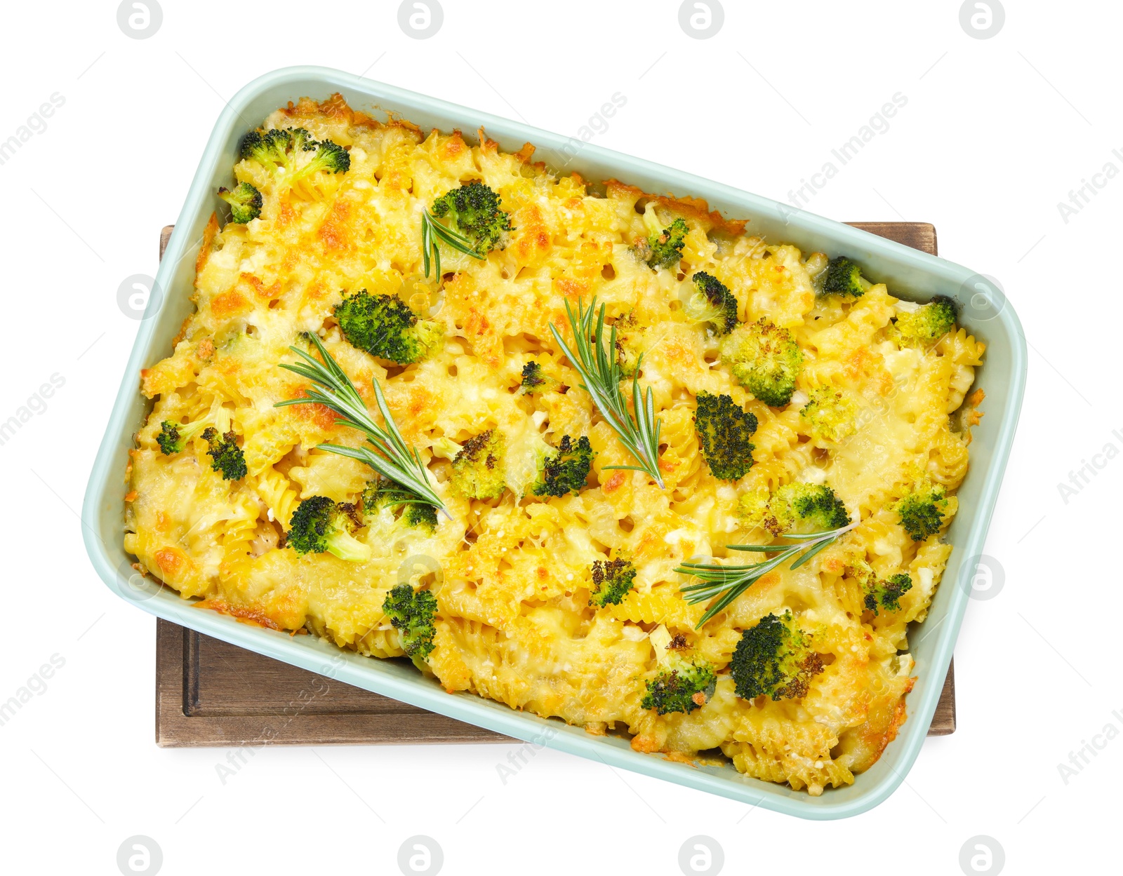 Photo of Tasty pasta casserole with cheese, rosemary and broccoli in baking dish isolated on white, top view