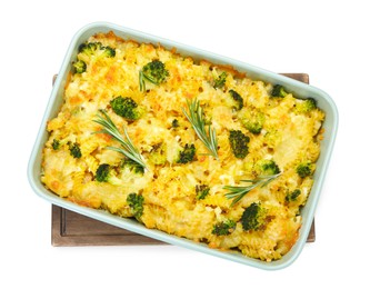 Photo of Tasty pasta casserole with cheese, rosemary and broccoli in baking dish isolated on white, top view